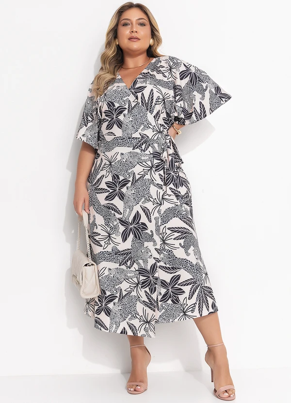 Quintess - Vestido Longuete Transpassado Estampa Onça e Folhagens em Malha Fria 9