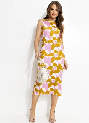 Quintess - Vestido Midi Regata em Malha Fria com Estampa Geométrica Retrô - QUINTESS