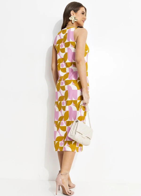Quintess - Vestido Midi Regata em Malha Fria com Estampa Geométrica Retrô 2