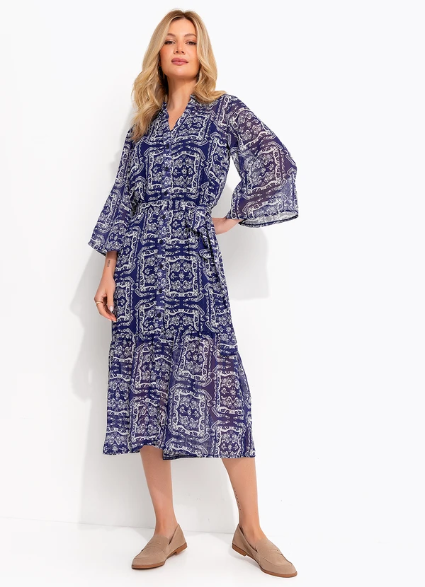 Quintess - Vestido Chemise Longuete Paisley Azul em Chiffon com Lurex 5