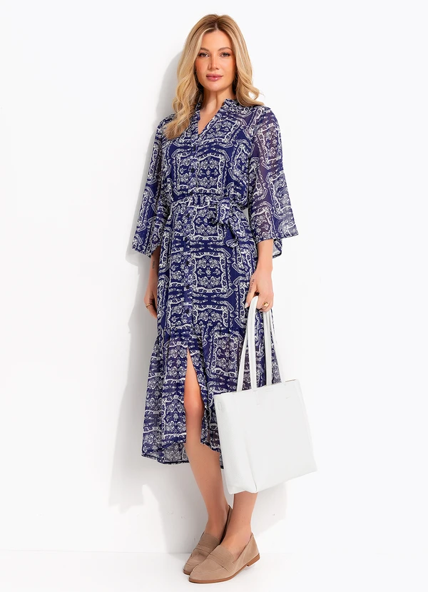 Quintess - Vestido Chemise Longuete Paisley Azul em Chiffon com Lurex