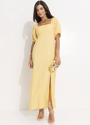 Quintess - Vestido Amarelo Manteiga em Viscose Plana Sarjada - QUINTESS