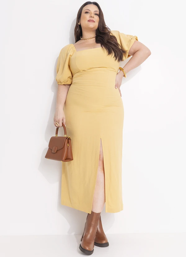 Quintess - Vestido Amarelo Manteiga em Viscose Plana Sarjada 6