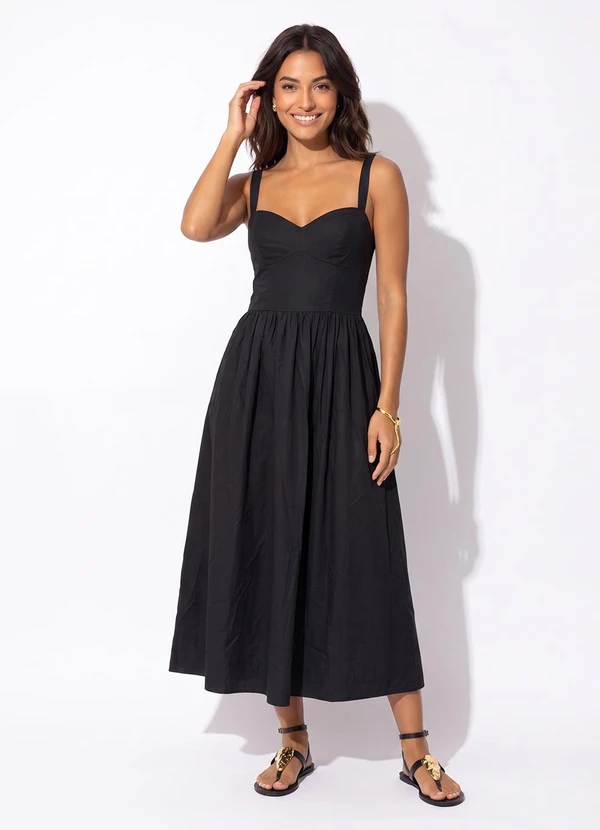 Farm - Vestido Pesponto Midi Preto