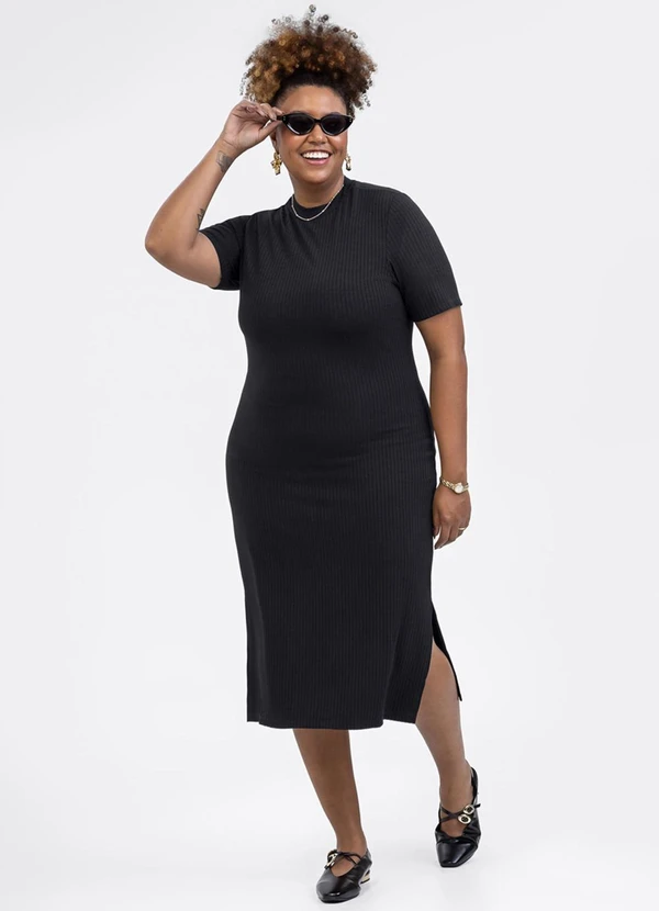 Habana - Vestido Plus Size em Canelado Preto