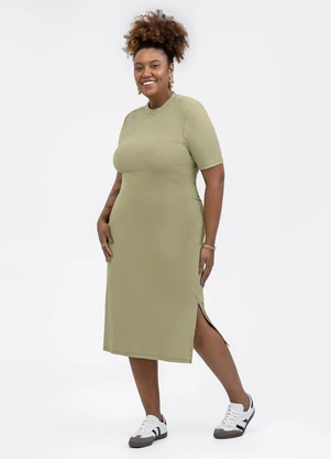 Habana - Vestido Plus Size em Canelado Verde - HABANA