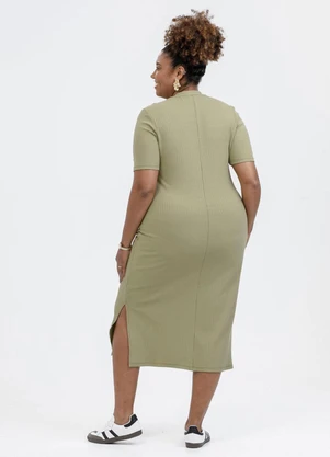 Habana - Vestido Plus Size em Canelado Verde - HABANA