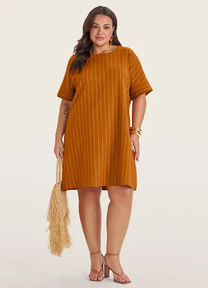 Secret Glam - Vestido Plus Size em Visco Listras Marrom - SECRET GLAM