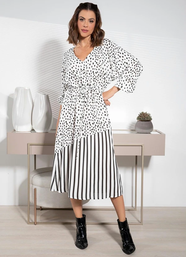 Quintess - Vestido Poá e Listras em Viscose Plana 10