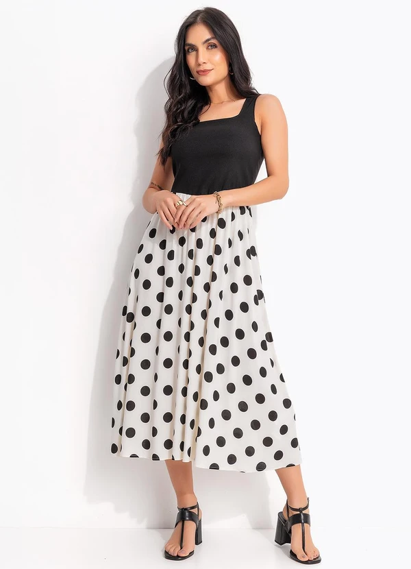 Quintess - Vestido Poá Grande Off White em Viscose Plana