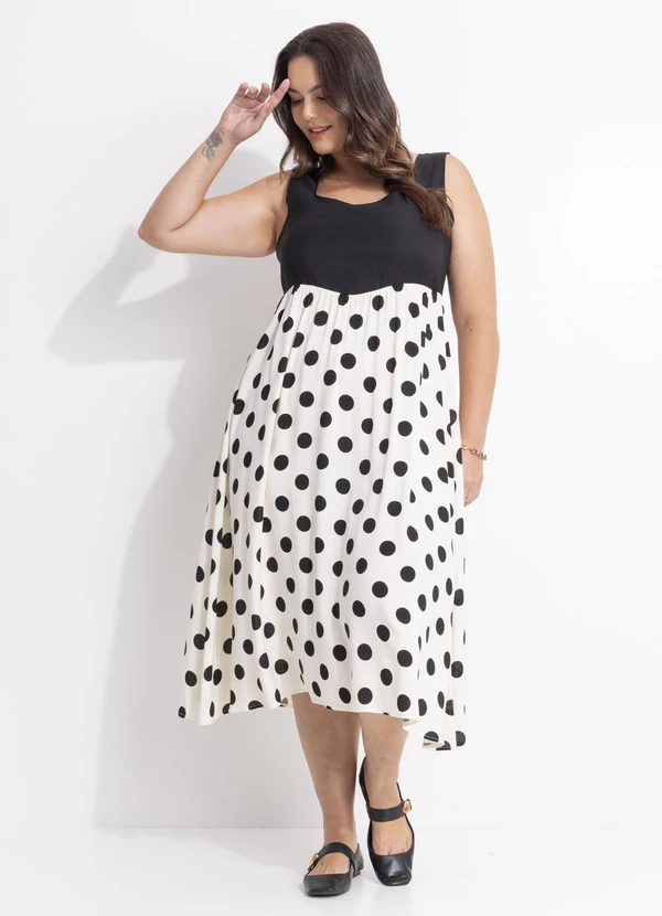 Quintess - Vestido Poá Grande Off White em Viscose Plana 10