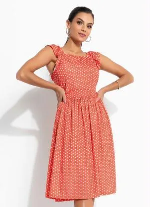 Queima Estoque - Vestido Poá Laranja com Alça Moda Evangélica - QUEIMA ESTOQUE