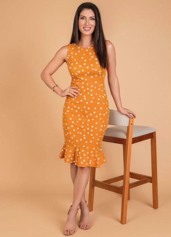 Outlet - Vestido Poá Mostarda com Babado Moda Evangélica 3