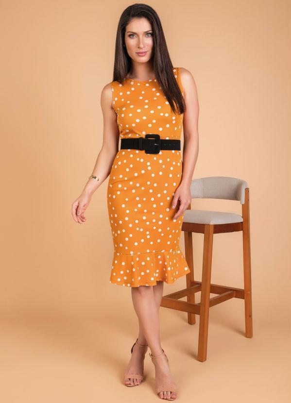 Outlet - Vestido Poá Mostarda com Babado Moda Evangélica 4