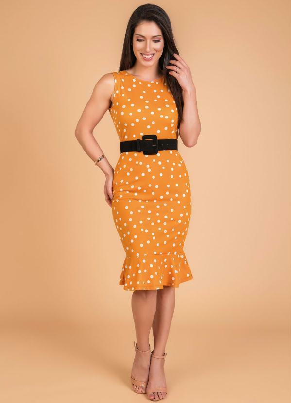 Outlet - Vestido Poá Mostarda com Babado Moda Evangélica 5