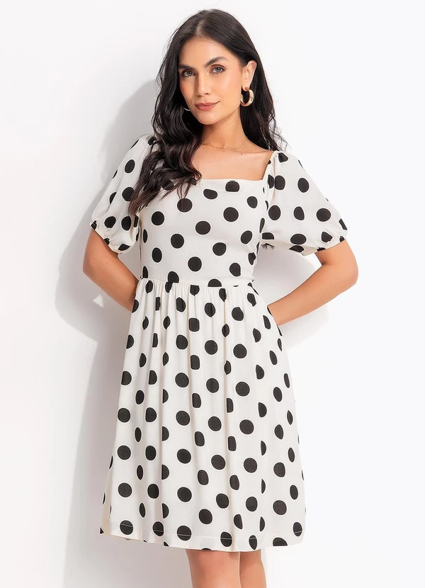 Quintess - Vestido Curto Poá Off White em Viscose com Manga Bufante 5