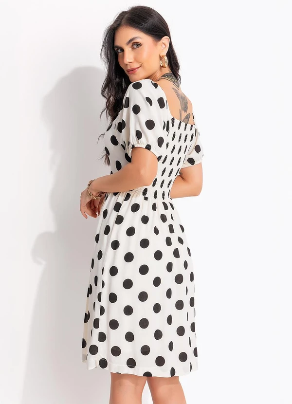 Quintess - Vestido Curto Poá Off White em Viscose com Manga Bufante 6