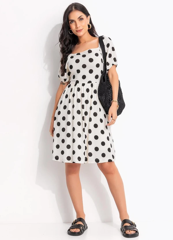 Quintess - Vestido Curto Poá Off White em Viscose com Manga Bufante 7