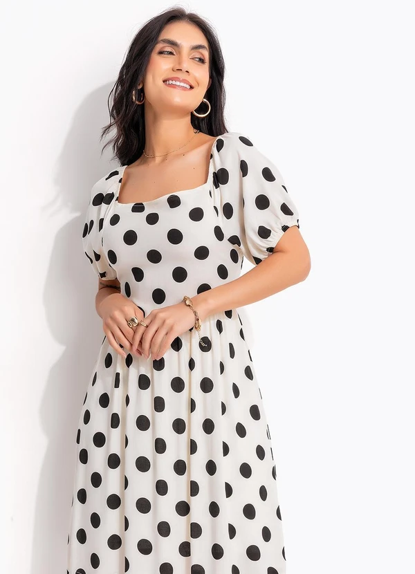 Quintess - Vestido Curto Poá Off White em Viscose com Manga Bufante 9