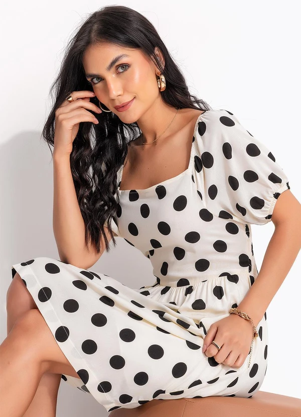 Quintess - Vestido Curto Poá Off White em Viscose com Manga Bufante 10