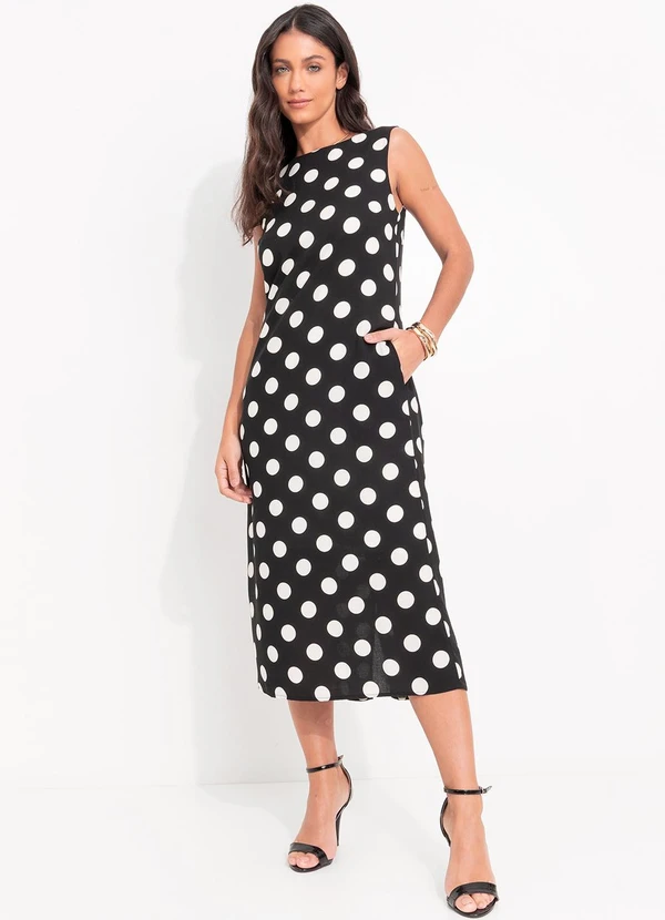 Quintess - Vestido Poá Preto em Viscose Plana Creponada