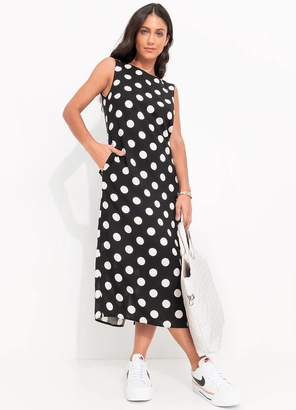 Quintess - Vestido Poá Preto em Viscose Plana Creponada