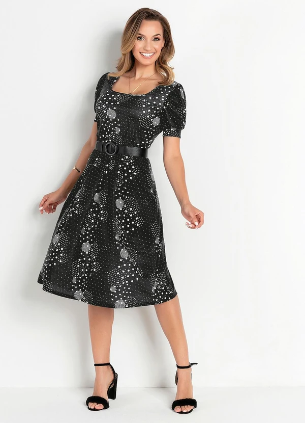 Rosalie - Vestido Poá Preto Manga 3/4 6