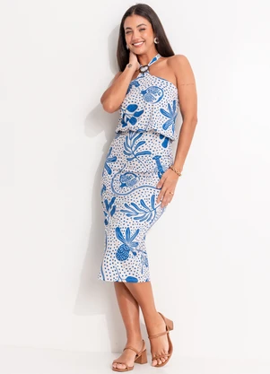 Quintess - Vestido Pontilhado Azul em Malha Fria - QUINTESS