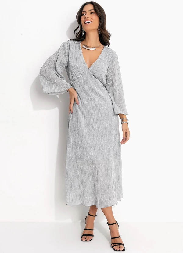 Quintess - Vestido Prata em Malha Plissada