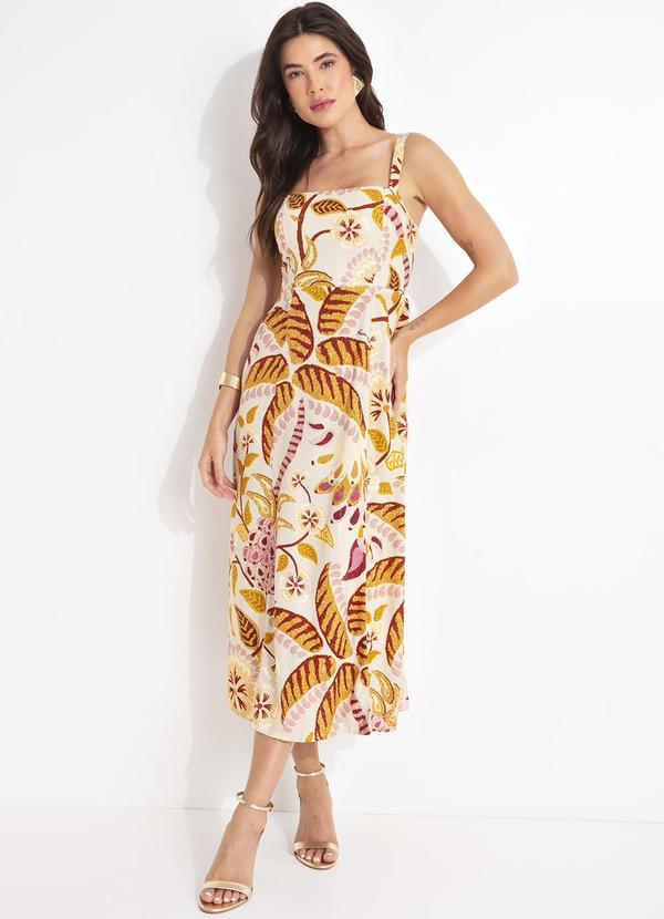 Farm - Vestido Pregas Brasil Artesanal Bege