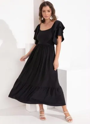 Quintess - Vestido Preto com Babados nas Mangas - QUINTESS