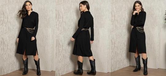 Vestido Preto com Fenda em Viscose Plana