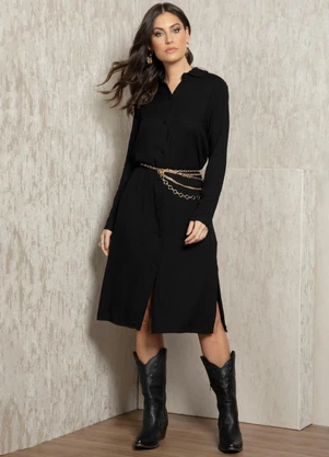 Quintess - Vestido Preto com Fenda em Viscose Plana - QUINTESS