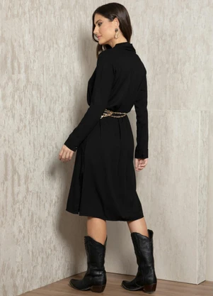 Quintess - Vestido Preto com Fenda em Viscose Plana - QUINTESS