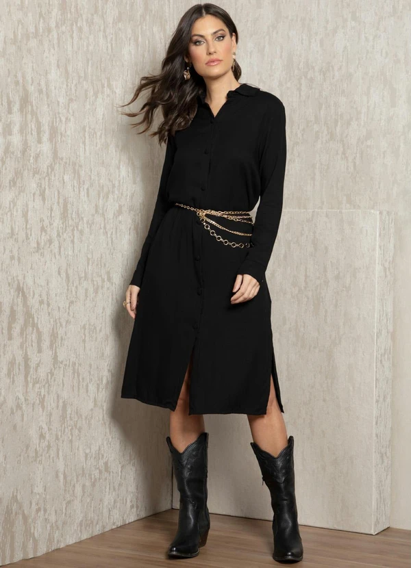 Quintess - Vestido Preto com Fenda em Viscose Plana