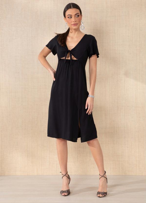 Queima Estoque - Vestido Preto com Nó e Vazado em Viscose Plana 3