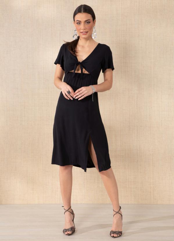 Queima Estoque - Vestido Preto com Nó e Vazado em Viscose Plana 5