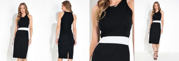 Vestido Preto com Recortes Contrastantes