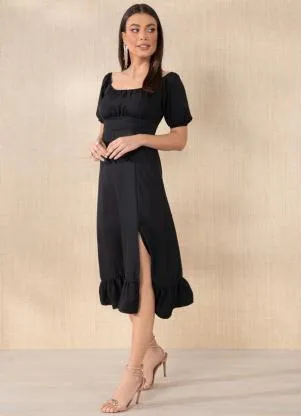 Quintess - Vestido Preto Decote Quadrado e Fenda - QUINTESS