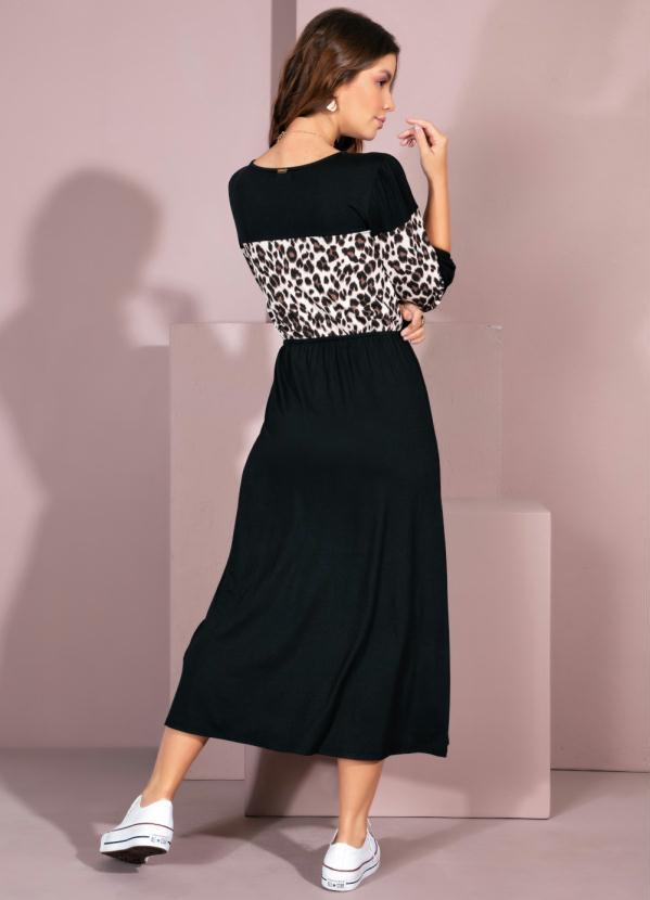 Quintess - Vestido Preto e Animal Print Mangas Bufantes 2