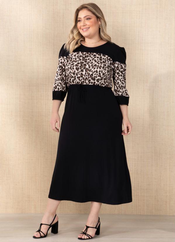 Quintess - Vestido Preto e Animal Print Mangas Bufantes 5