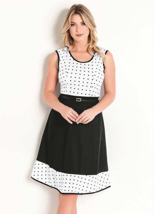 Outlet - Vestido Preto e Poá com Recortes Moda Evangélica