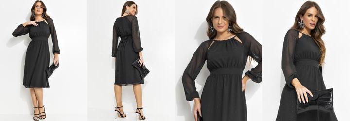 Vestido Midi Preto em Chiffon com Lurex e Manga Bufante