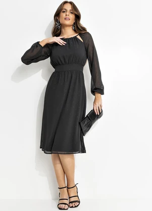 Quintess - Vestido Preto em Chiffon com Fio Metalizado. - QUINTESS