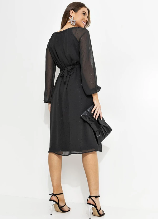 Quintess - Vestido Midi Preto em Chiffon com Lurex e Manga Bufante 3