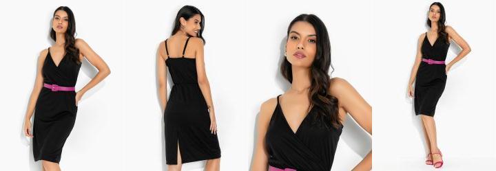 Vestido Preto em Decote Transpassado com Al�as