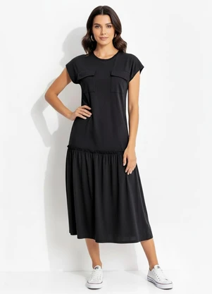 Quintess - Vestido Preto em Malha de Algodão Penteado - QUINTESS