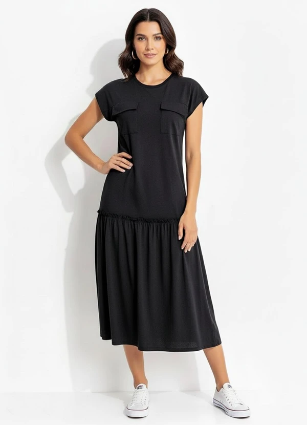 Quintess - Vestido Preto em Malha de Algodão Penteado