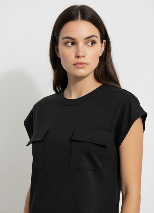 Quintess - Vestido Preto em Malha de Algodão Penteado