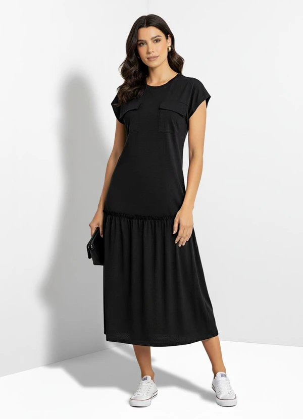 Quintess - Vestido Preto em Malha de Algodão Penteado 6